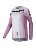 Alpinestars Stella Techstar Melt Jersey 2025, maillot de motocross à manches longues pour femme, rose poudré et gris clair avec logos noirs, perforations découpées au laser pour la ventilation, tenue de course athlétique