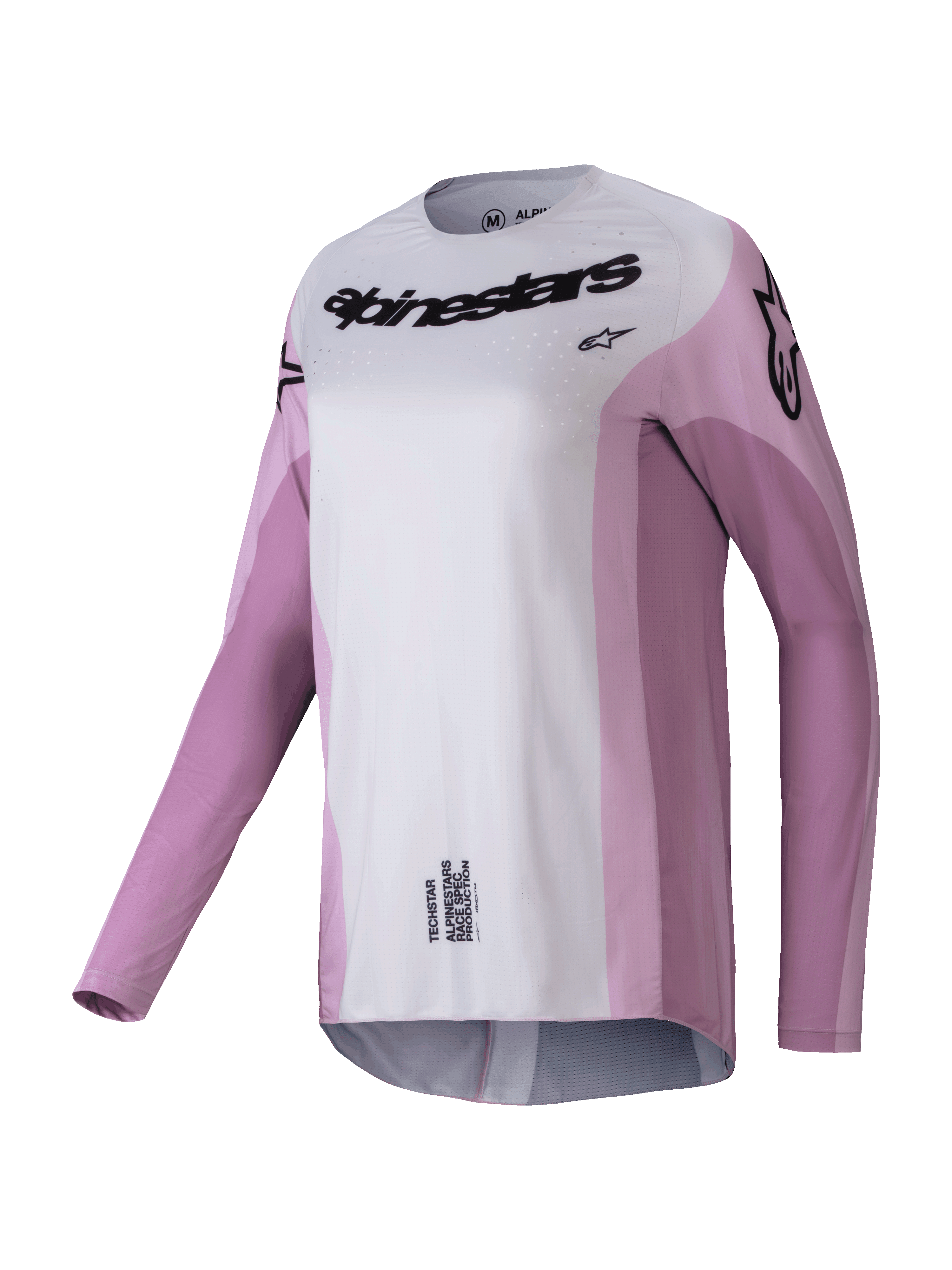 Alpinestars Stella Techstar Melt Jersey 2025, maillot de motocross à manches longues pour femme, rose poudré et gris clair avec logos noirs, perforations découpées au laser pour la ventilation, tenue de course athlétique