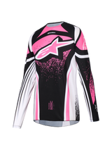 Alpinestars 2026 Woman Stella Techstar Nomur Jersey, Motocross Jersey, Black White and Fuchsia, long sleeve athletic fit, large pink star logo on chest with speckled graphics, performance off-road racing gear