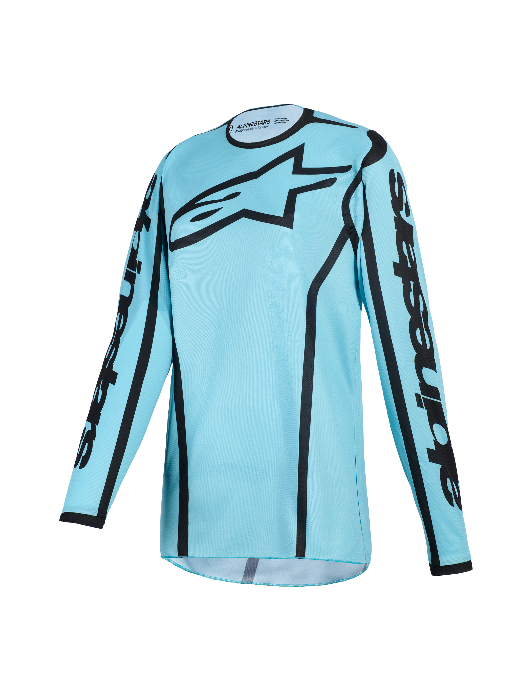 Maillot Alpinestars Stella Fluid Apex Femme 2026, maillot de motocross, coloris Tropical Black bleu clair avec accents noirs, grand logo Astars noir sur la poitrine et lettrage sur les manches, col sport ergonomique, poly-tissu technique évacuant l'humidité