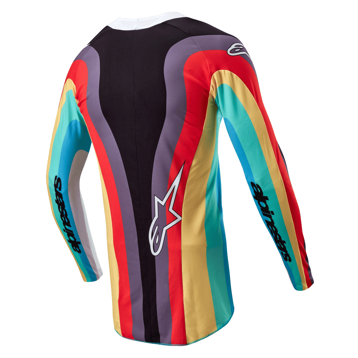 Maillot Alpinestars Stella Techstar Femme 2024, maillot de motocross, noir multicolore, vue arrière avec motif ondulé éclatant rouge, jaune et turquoise, logo Astar blanc en bas du dos, marquage Alpinestars sur les manches