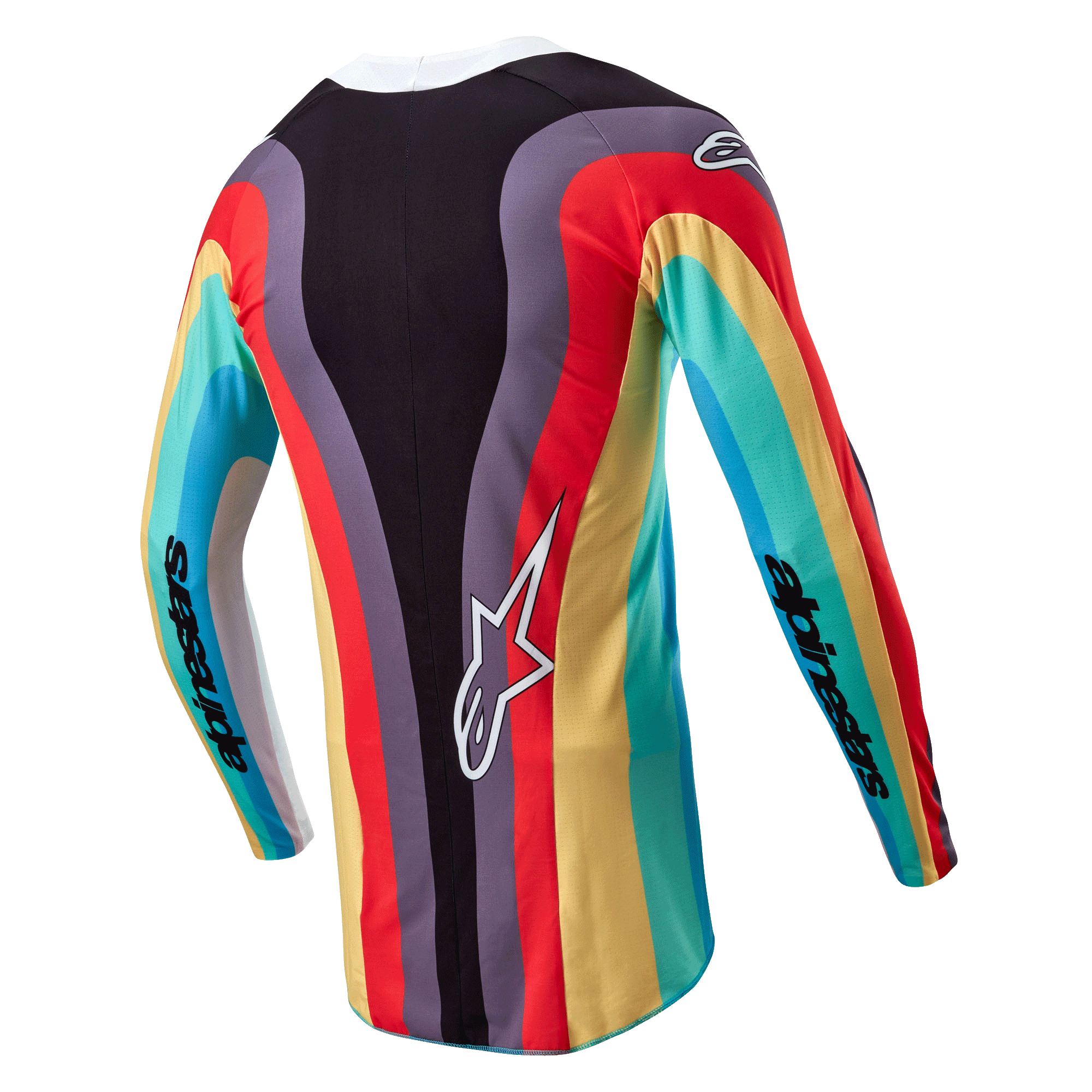 Maillot Alpinestars Stella Techstar Femme 2024, maillot de motocross, noir multicolore, vue arrière avec motif ondulé éclatant rouge, jaune et turquoise, logo Astar blanc en bas du dos, marquage Alpinestars sur les manches