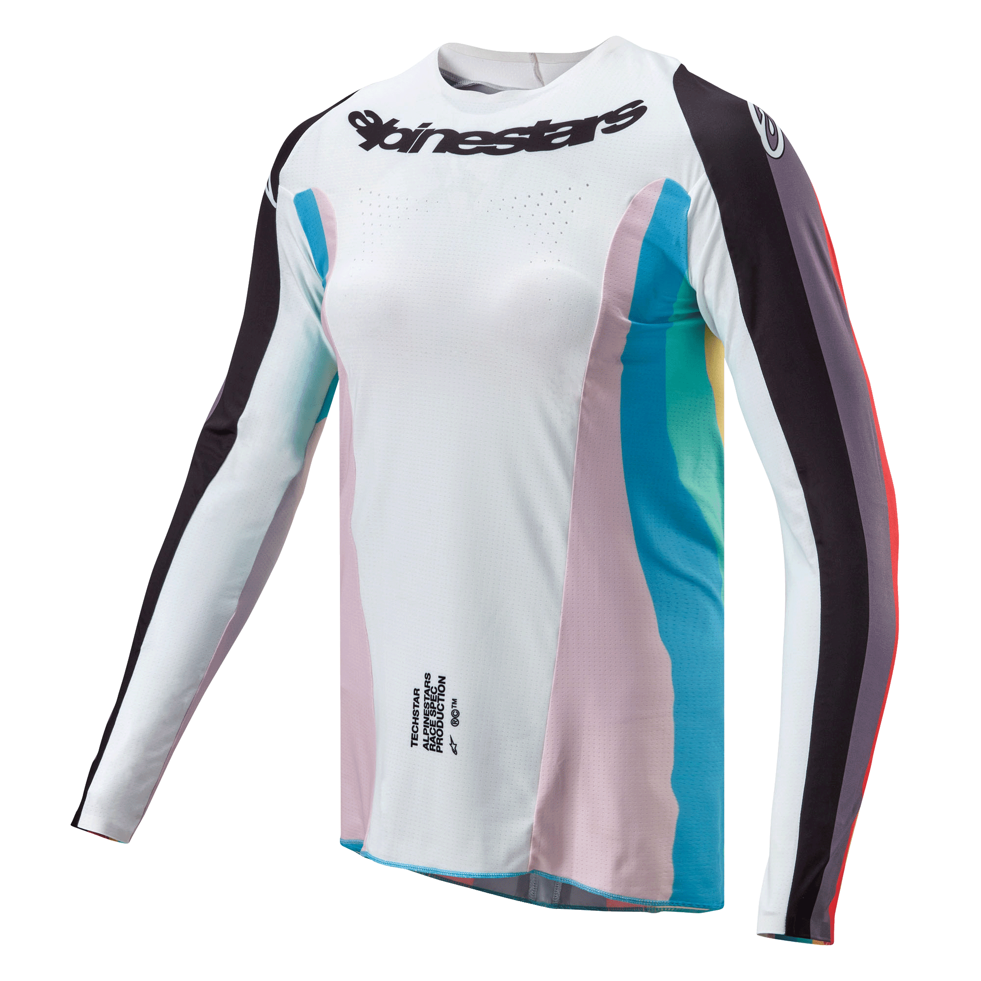 Maillot Alpinestars Stella Techstar Femme 2024, maillot de motocross, noir multicolore, corps blanc avec panneaux latéraux roses et bleu sarcelle, manches rayées noires, logo Alpinestars sur la poitrine, coupe athlétique féminine avec perforations de ventilation