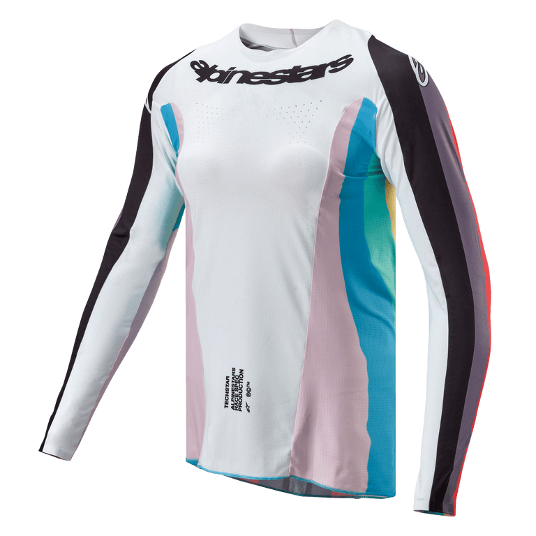 Maillot Alpinestars Stella Techstar Femme 2024, maillot de motocross, noir multicolore, corps blanc avec panneaux latéraux roses et bleu sarcelle, manches rayées noires, logo Alpinestars sur la poitrine, coupe athlétique féminine avec perforations de ventilation