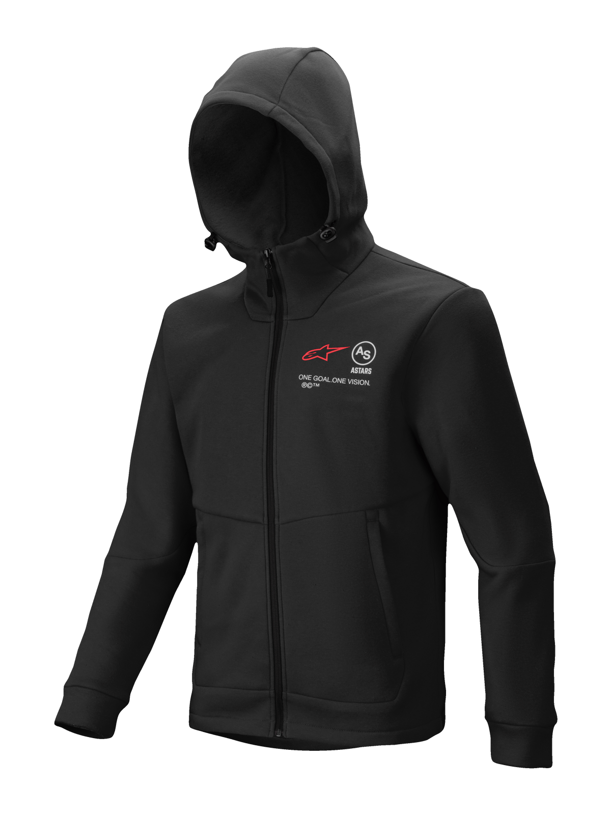 Alpinestars Racer MX Fleece, sweat à capuche noir à fermeture éclair intégrale, vêtement pour motocross et tout-terrain, avec graphismes rouges et blancs sur la poitrine et le texte 'ONE GOAL. ONE VISION.', capuche réglable avec cordons de serrage, poches mains zippées, coupe ergonomique pour le bord de piste ou la conduite