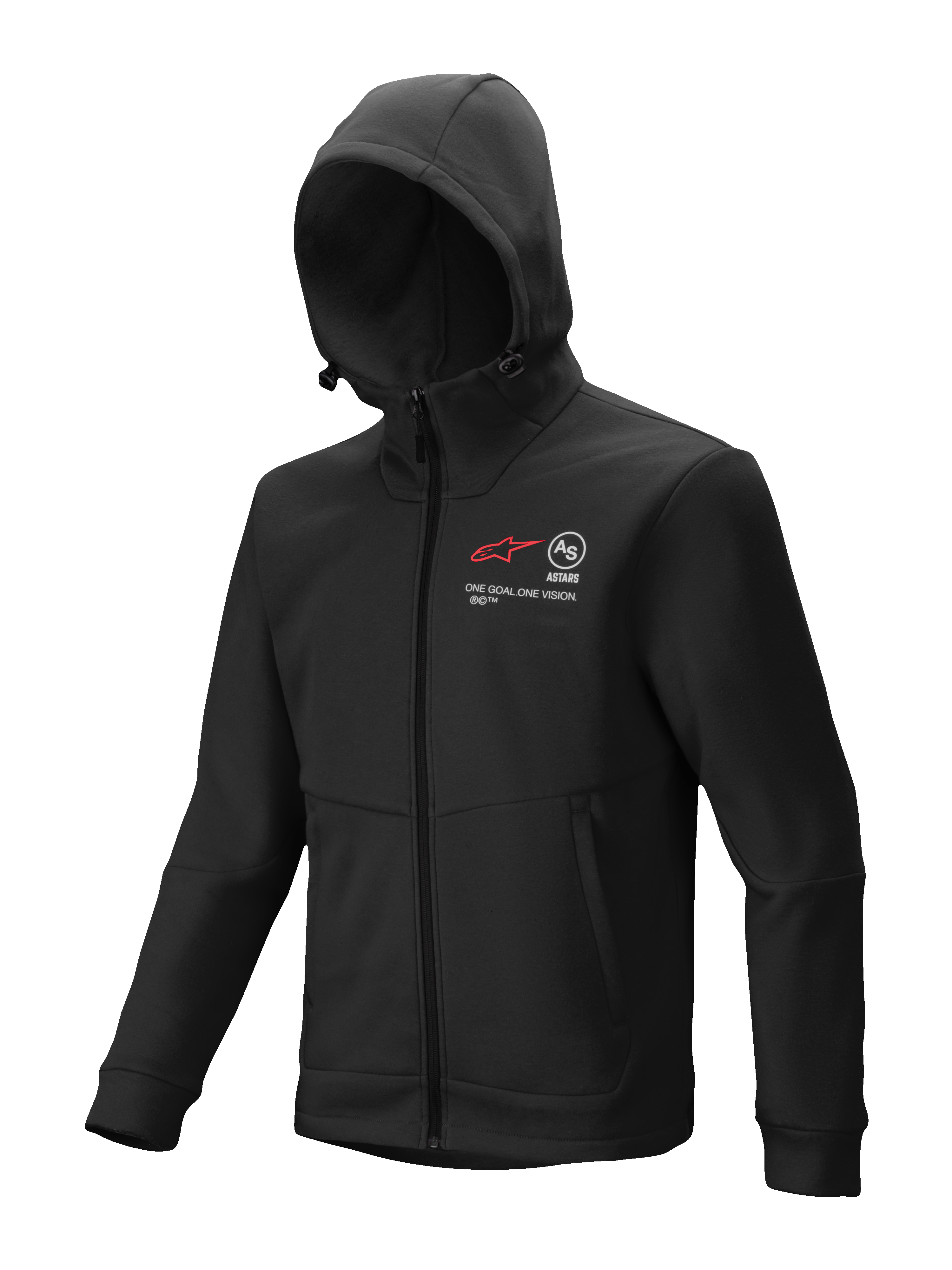 Alpinestars Racer MX Fleece, sweat à capuche noir à fermeture éclair intégrale, vêtement pour motocross et tout-terrain, avec graphismes rouges et blancs sur la poitrine et le texte 'ONE GOAL. ONE VISION.', capuche réglable avec cordons de serrage, poches mains zippées, coupe ergonomique pour le bord de piste ou la conduite