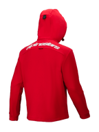Alpinestars Racer MX Fleece, sweat à capuche de motocross rouge vif, vue de dos, avec le lettrage Alpinestars blanc sur le haut du dos, capuche intégrée et design ergonomique pour la performance tout-terrain