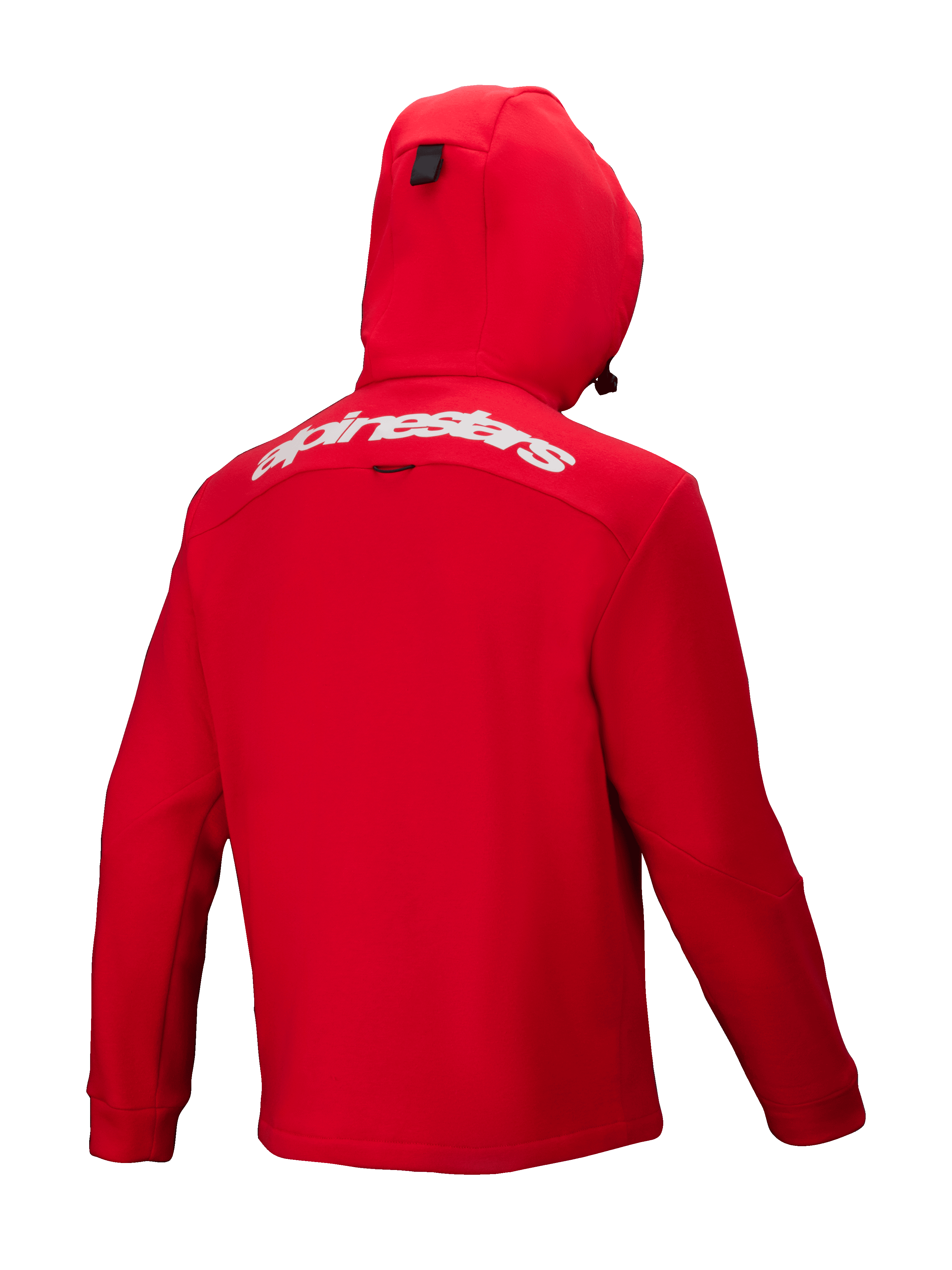 Alpinestars Racer MX Fleece, sweat à capuche de motocross rouge vif, vue de dos, avec le lettrage Alpinestars blanc sur le haut du dos, capuche intégrée et design ergonomique pour la performance tout-terrain