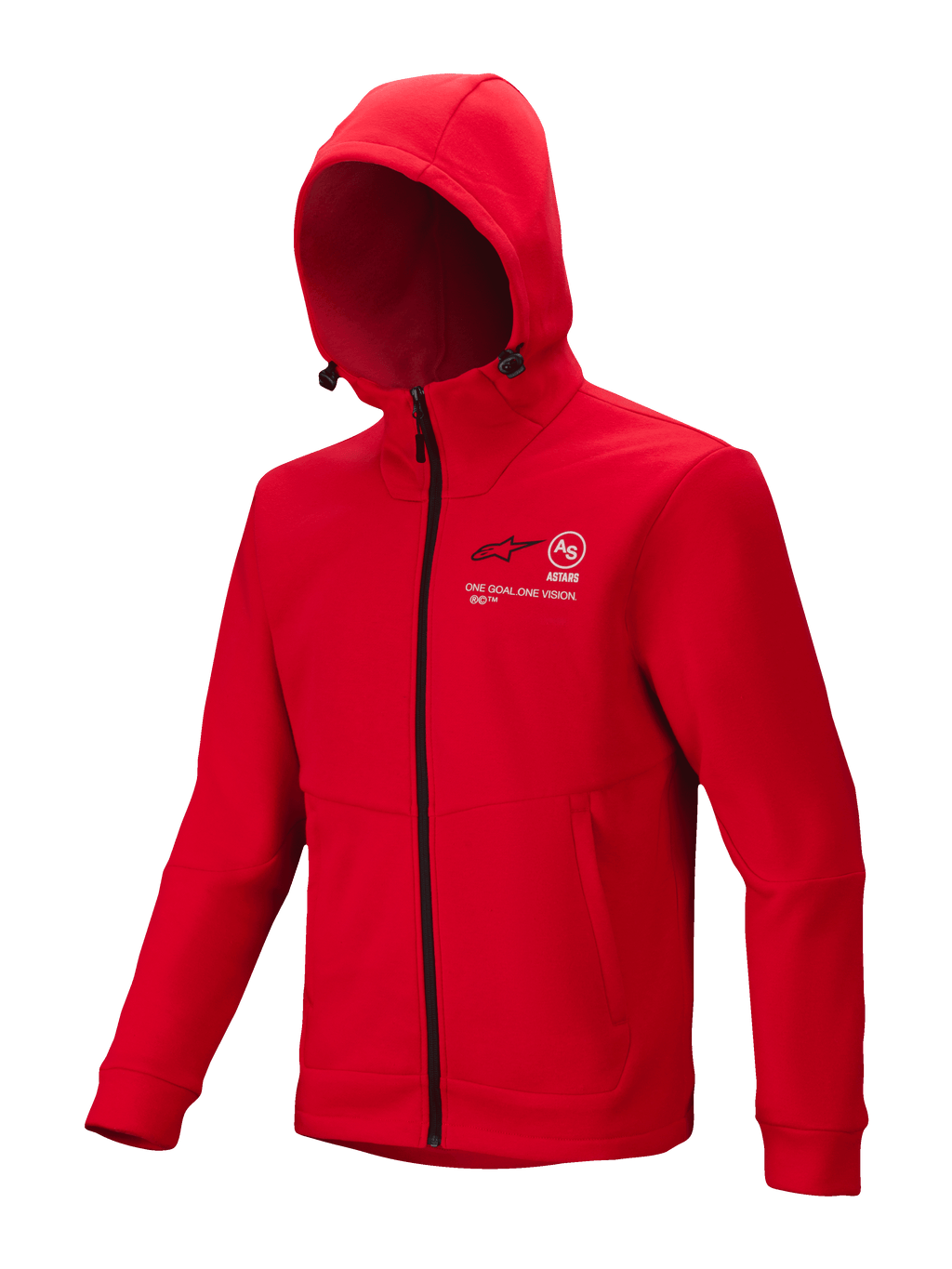 Alpinestars Racer MX Fleece, sweat à capuche de motocross rouge vif, fermeture éclair intégrale noire, capuche réglable, logos blancs Astars et One Goal One Vision sur la poitrine, poches zippées, vêtement d'extérieur décontracté de sport automobile