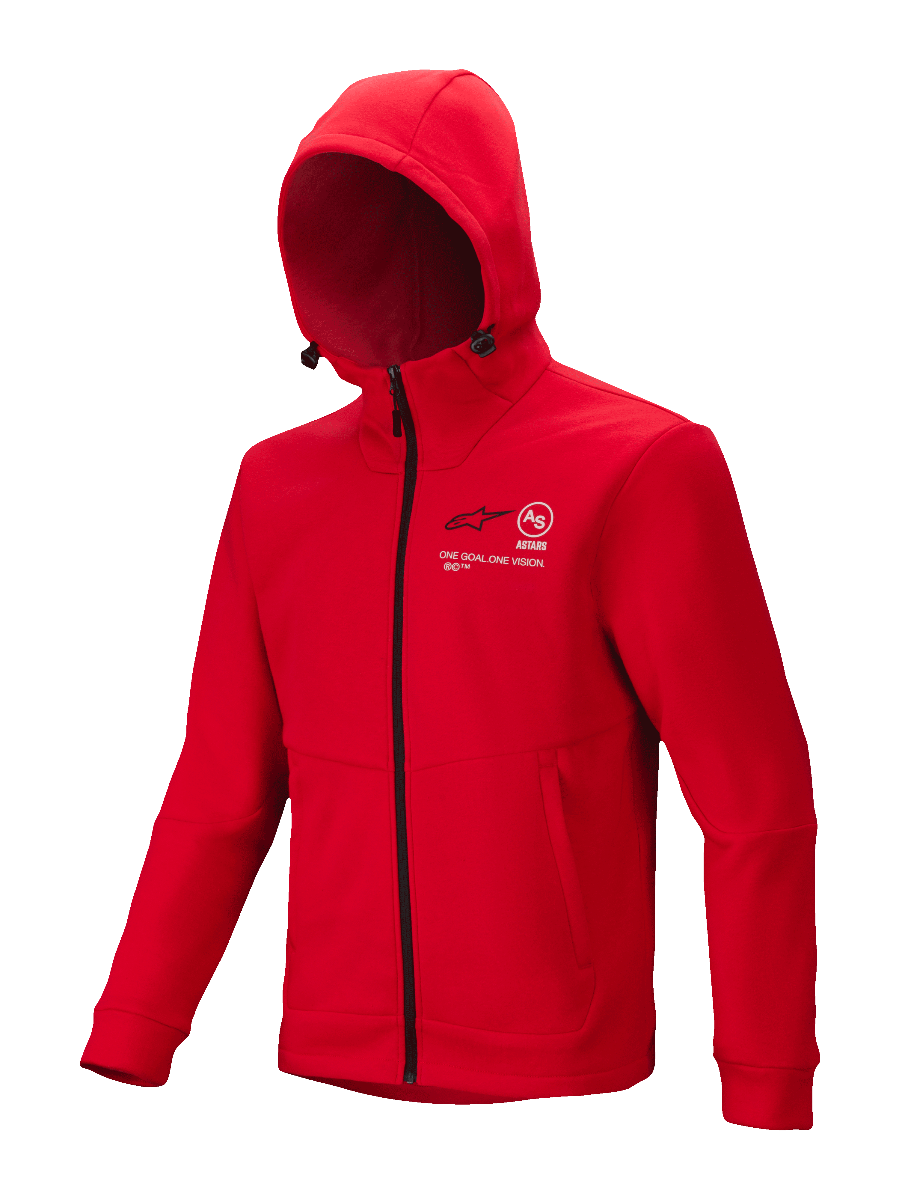 Alpinestars Racer MX Fleece, sweat à capuche de motocross rouge vif, fermeture éclair intégrale noire, capuche réglable, logos blancs Astars et One Goal One Vision sur la poitrine, poches zippées, vêtement d'extérieur décontracté de sport automobile