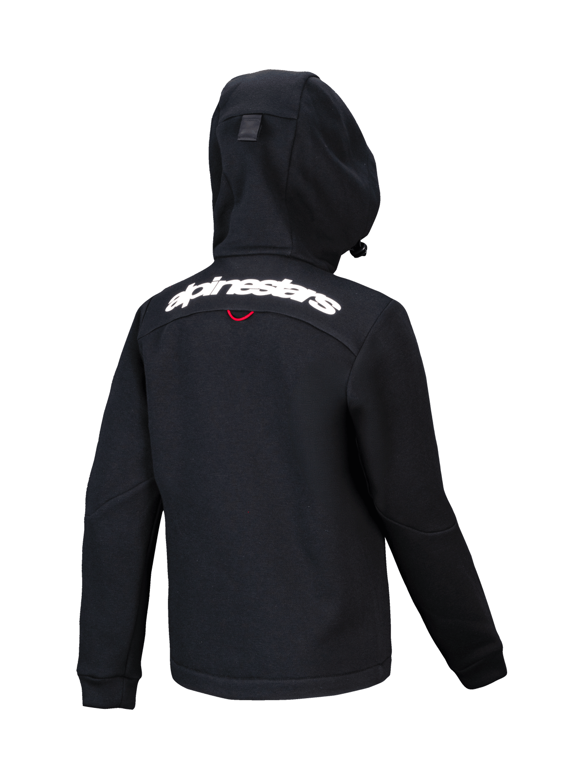 Polaire Alpinestars Youth Racer MX, sweat à capuche de motocross noir, vue de dos avec lettrage Alpinestars blanc sur les épaules, polaire structurée avec capuche compacte, design ergonomique pour le tout-terrain