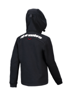 Polaire Alpinestars Youth Racer MX, sweat à capuche de motocross noir, vue de dos avec lettrage Alpinestars blanc sur les épaules, polaire structurée avec capuche compacte, design ergonomique pour le tout-terrain