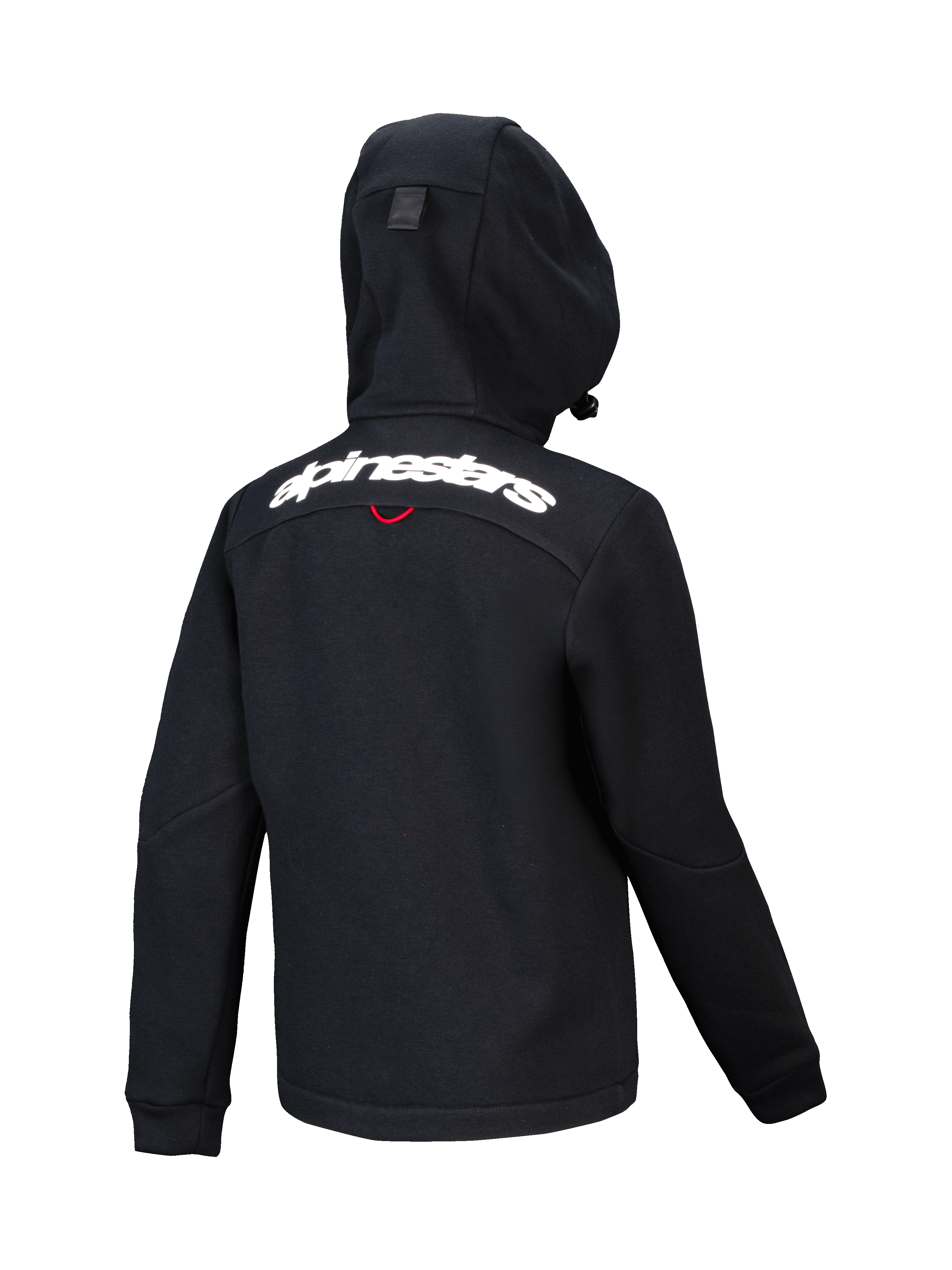 Polaire Alpinestars Youth Racer MX, sweat à capuche de motocross noir, vue de dos avec lettrage Alpinestars blanc sur les épaules, polaire structurée avec capuche compacte, design ergonomique pour le tout-terrain