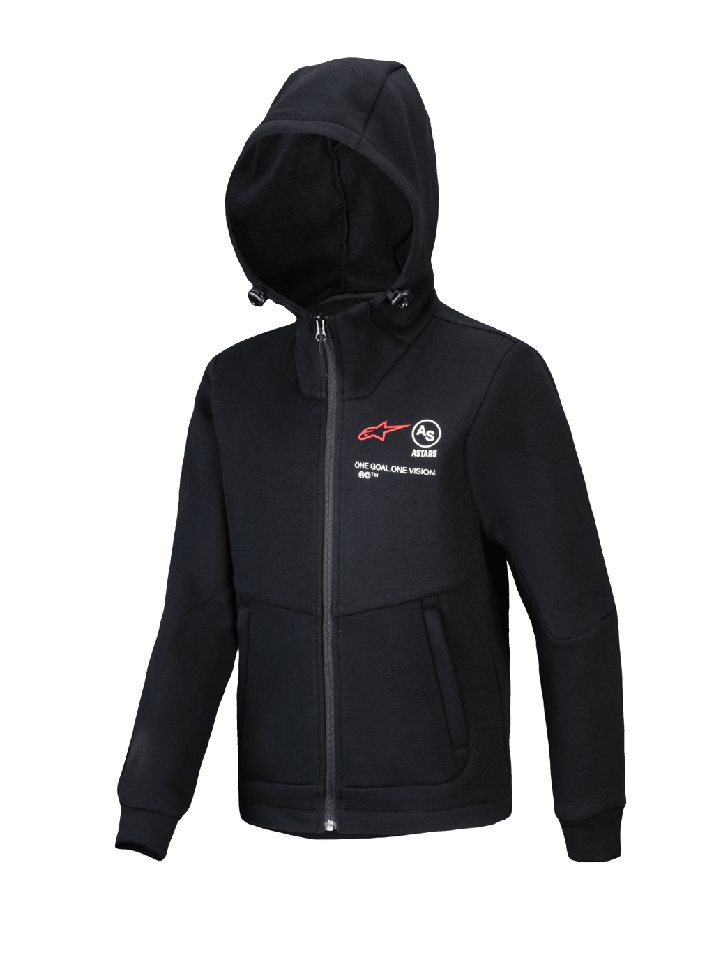 Polaire Alpinestars Youth Racer MX, sweat à capuche de motocross noir, veste entièrement zippée avec capuche réglable, avec logo A-star rouge et inscription « ONE GOAL. ONE VISION. », poches mains zippées, vêtement de performance décontracté pour jeunes pilotes