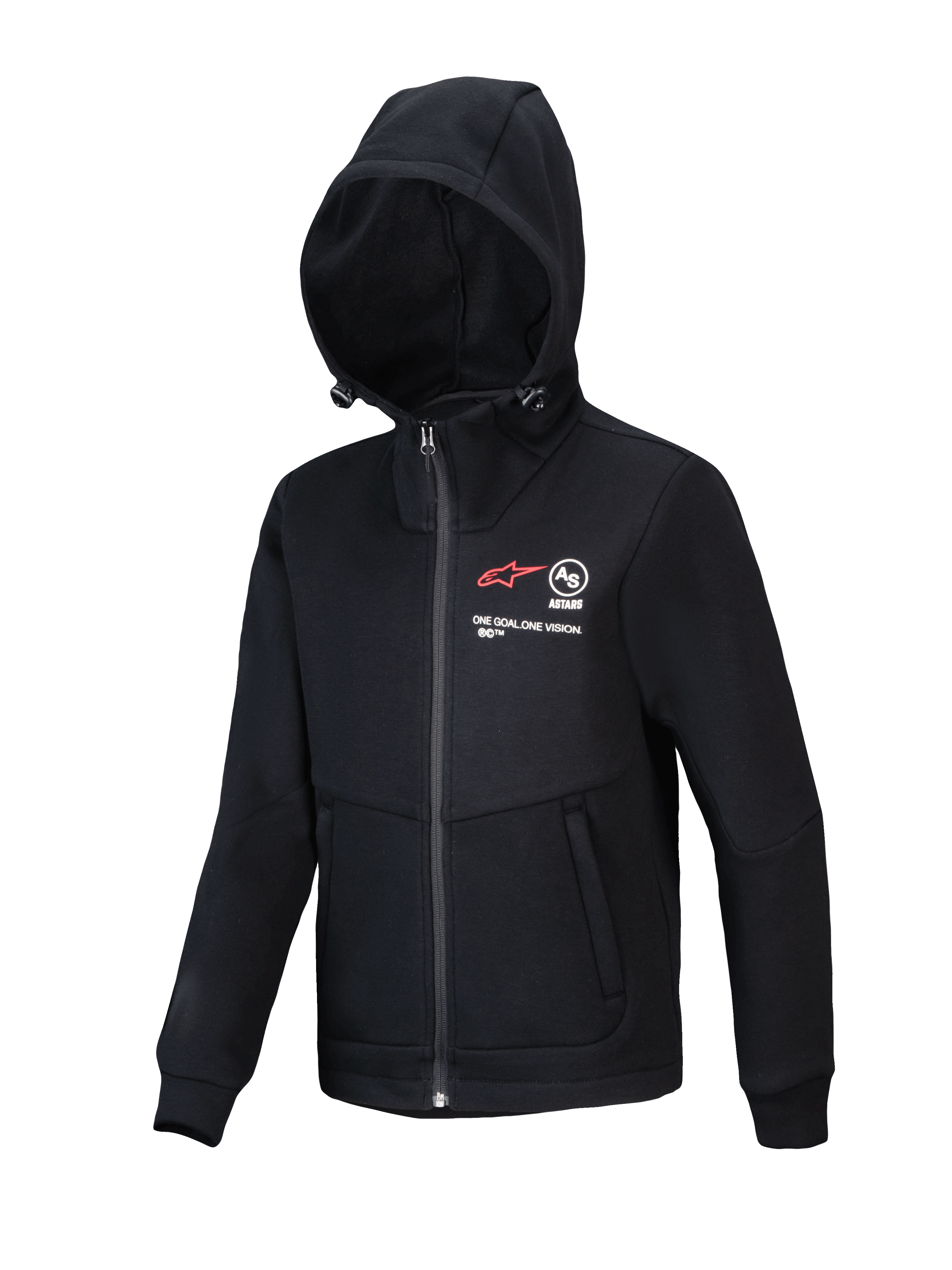 Polaire Alpinestars Youth Racer MX, sweat à capuche de motocross noir, veste entièrement zippée avec capuche réglable, avec logo A-star rouge et inscription « ONE GOAL. ONE VISION. », poches mains zippées, vêtement de performance décontracté pour jeunes pilotes
