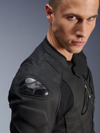 Alpinestars Dusk Leather Jacket, Black, close-up of shoulder featuring external DFS protection with the Alpinestars star logo, premium bovine leather with textured panels, sport motorcycle gear