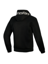Alpinestars Chrome Superairflow Hoodie, Black, back view, featuring white Alpinestars branding on the hood, full 3D technical mesh construction for ventilation, protective motorcycle riding apparel for warm weather