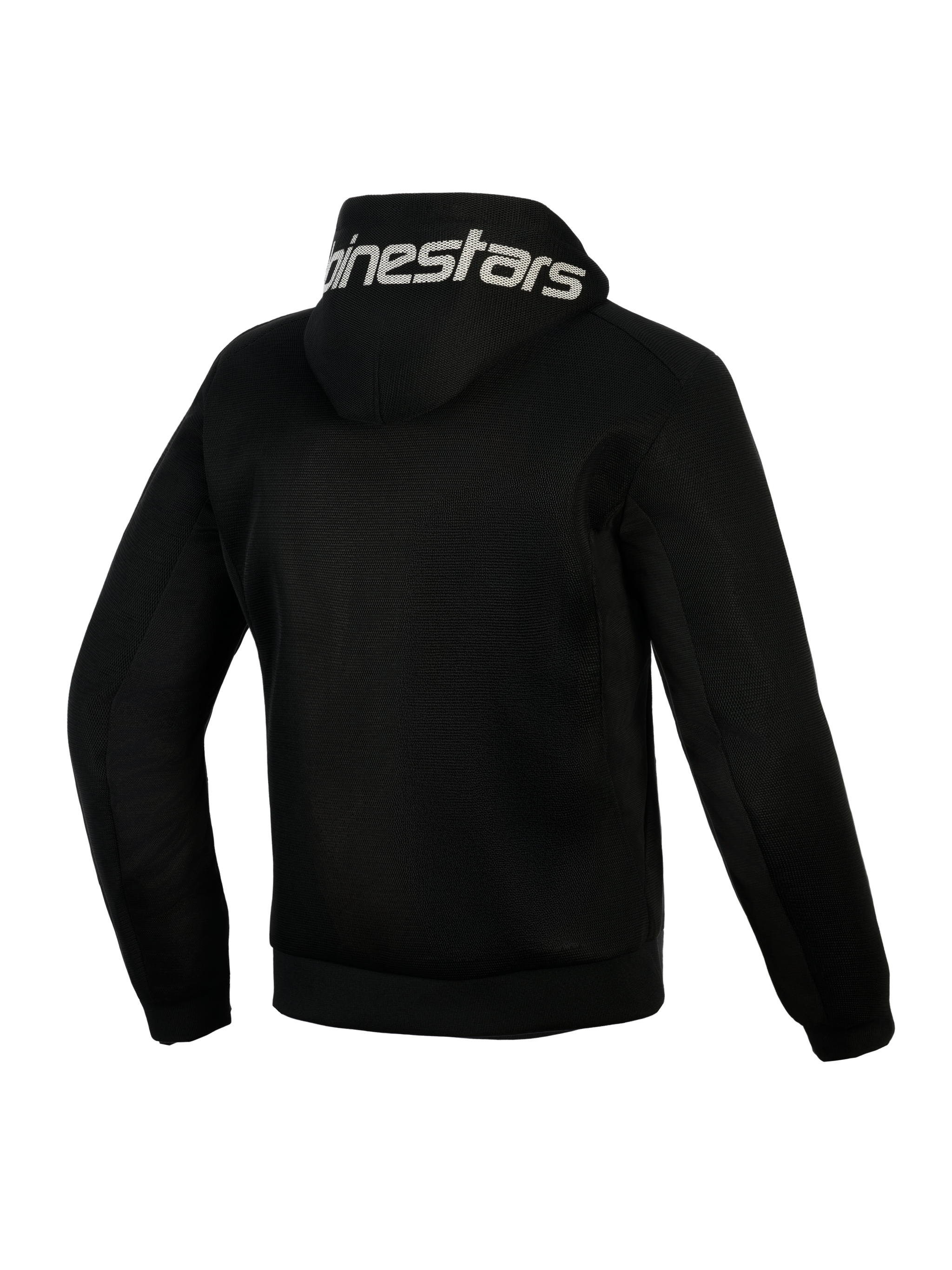Alpinestars Chrome Superairflow Hoodie, Black, back view, featuring white Alpinestars branding on the hood, full 3D technical mesh construction for ventilation, protective motorcycle riding apparel for warm weather