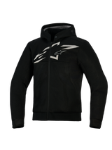 Alpinestars Chrome Superairflow Hoodie, Ventilated Motorcycle Hoodie, Black with White and Gray logo, featuring full 3D mesh construction, zip-front design with integrated hood, athletic fit for sport riding
