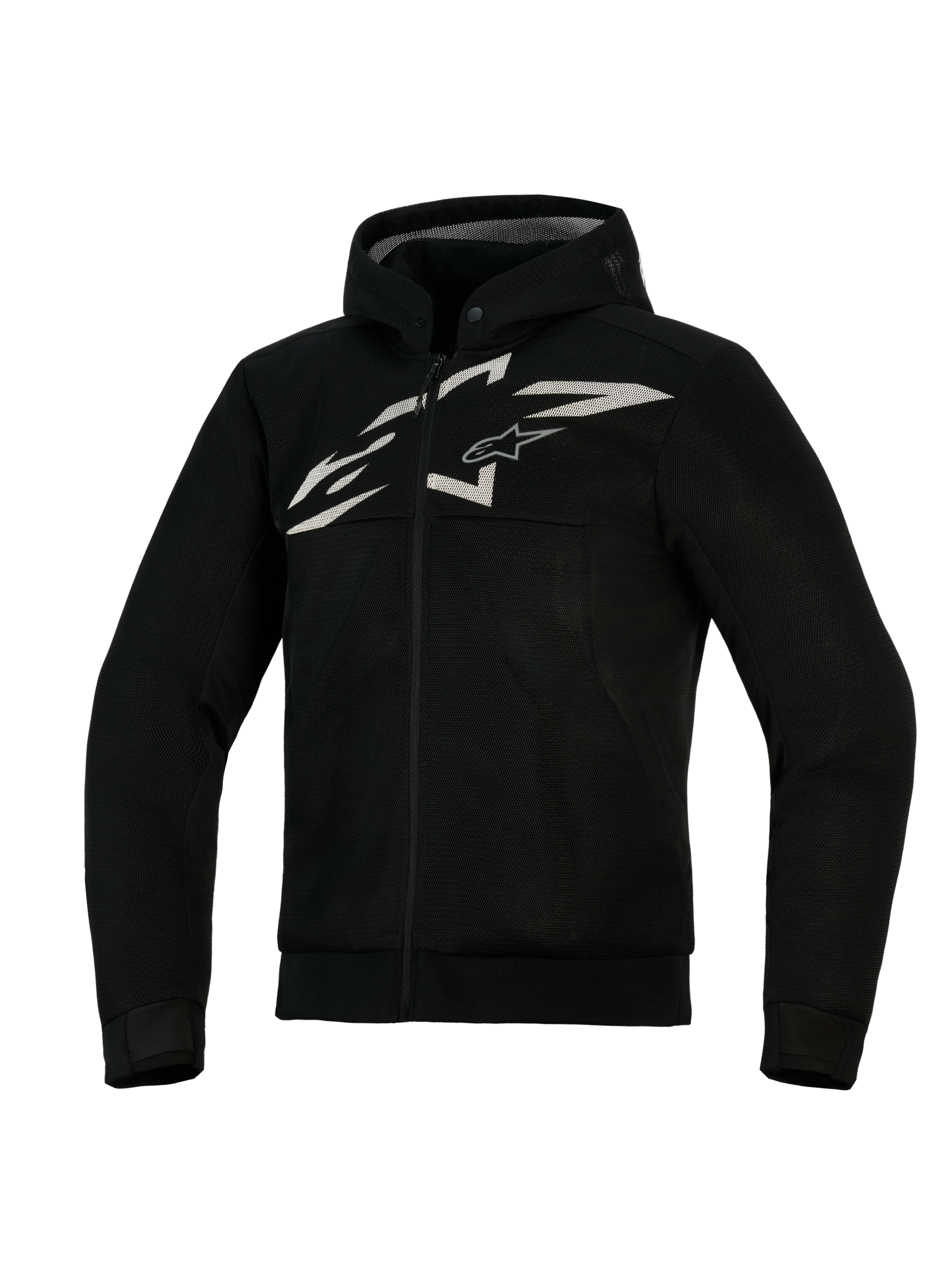 Alpinestars Chrome Superairflow Hoodie, Ventilated Motorcycle Hoodie, Black with White and Gray logo, featuring full 3D mesh construction, zip-front design with integrated hood, athletic fit for sport riding