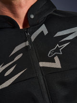 Alpinestars Chrome Superairflow Hoodie, Motorcycle Hoodie, Black with White and Gray graphics, close-up of chest showing 3D technical mesh construction, front zipper, and snap-button collar, featuring Alpinestars logo