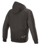 Sweat à capuche Alpinestars Rhod Windstopper, veste de moto urbaine, noir chiné, vue de dos avec capuche amovible, poignets et ourlet côtelés, et un logo étoile discret dans le dos
