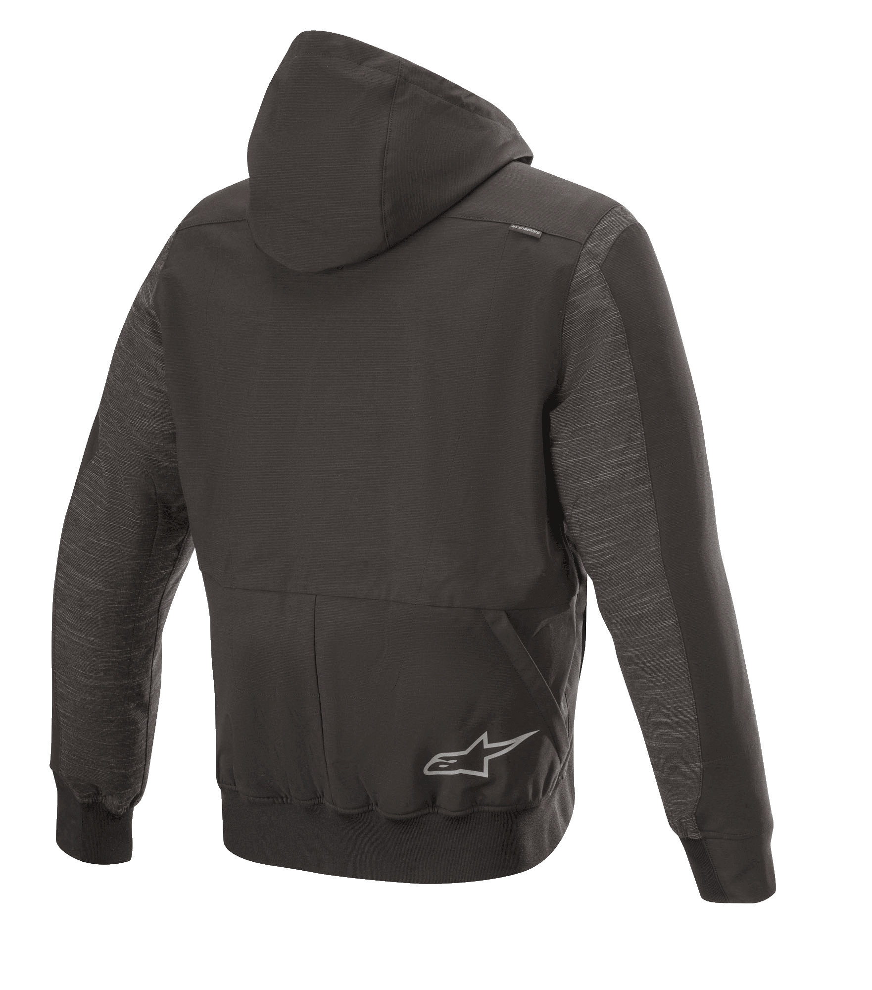 Sweat à capuche Alpinestars Rhod Windstopper, veste de moto urbaine, noir chiné, vue de dos avec capuche amovible, poignets et ourlet côtelés, et un logo étoile discret dans le dos
