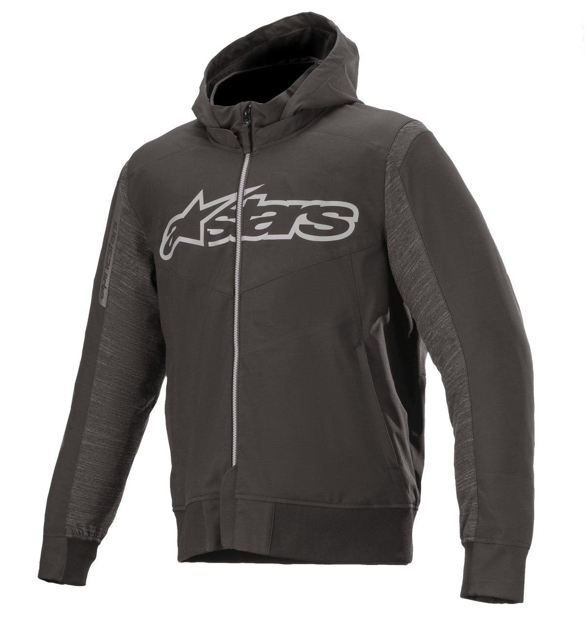 Alpinestars Rhod Windstopper Hoodie, sweat à capuche de moto noir chiné et gris foncé, grand logo Astars gris clair sur la poitrine, panneaux latéraux texturés, poignets et taille côtelés, équipement de conduite urbain protecteur