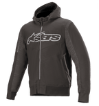 Alpinestars Rhod Windstopper Hoodie, sweat à capuche de moto noir chiné et gris foncé, grand logo Astars gris clair sur la poitrine, panneaux latéraux texturés, poignets et taille côtelés, équipement de conduite urbain protecteur