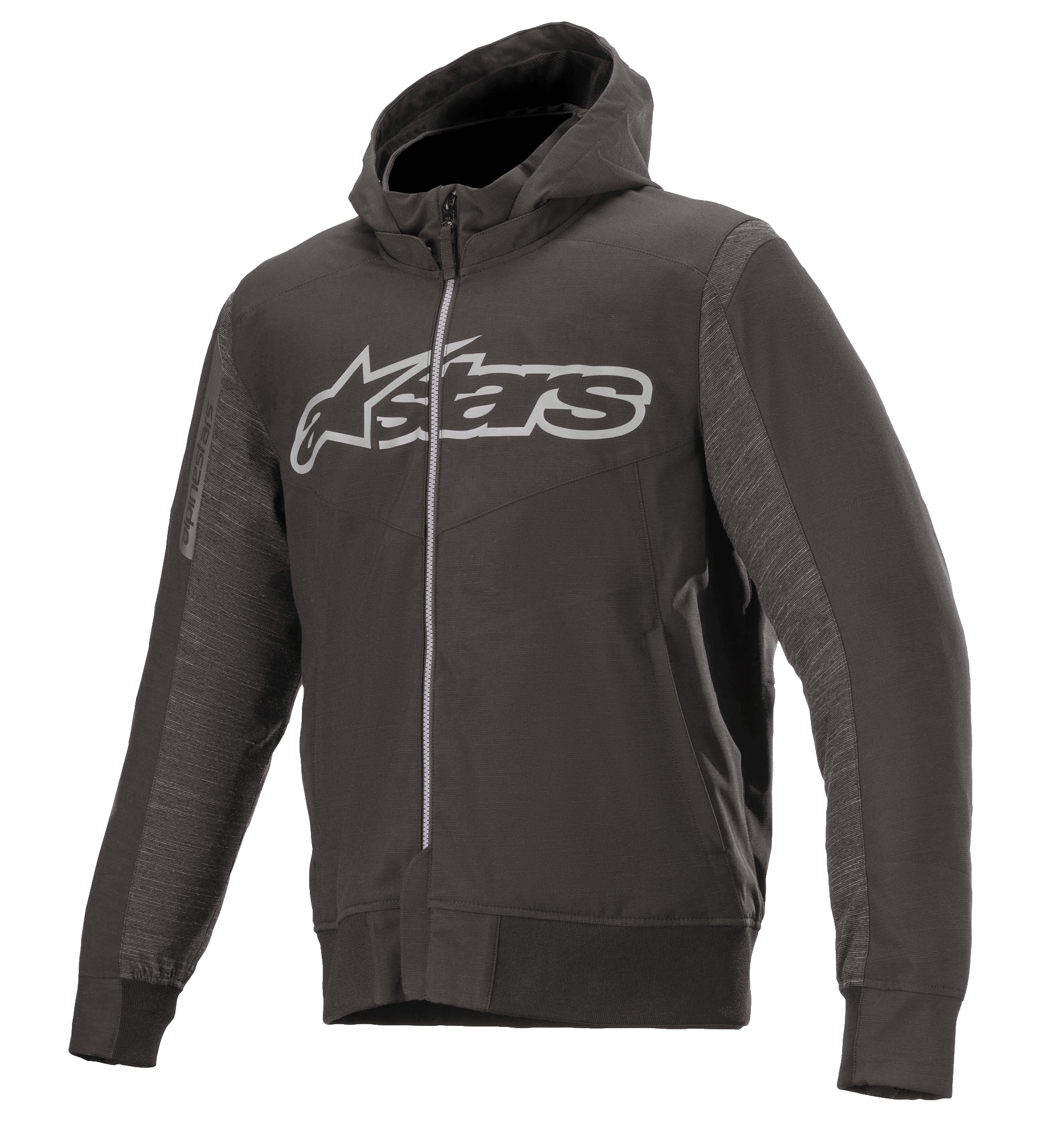 Alpinestars Rhod Windstopper Hoodie, sweat à capuche de moto noir chiné et gris foncé, grand logo Astars gris clair sur la poitrine, panneaux latéraux texturés, poignets et taille côtelés, équipement de conduite urbain protecteur