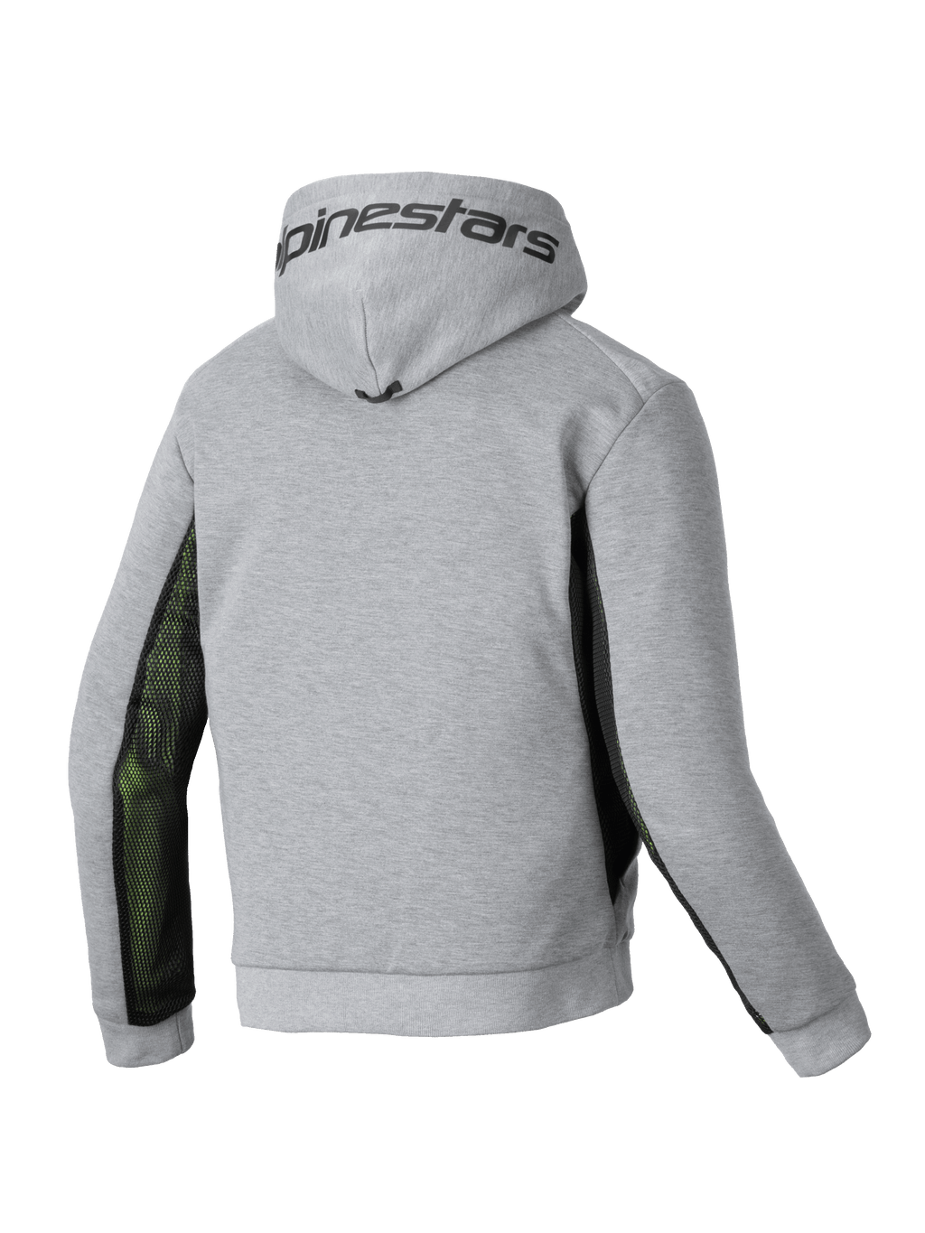 Alpinestars Sweat À Capuche Chrome Air Sport, sweat à capuche de moto pour homme, vue de dos montrant le coloris gris et noir avec panneaux latéraux en mesh et logo Alpinestars sur la capuche