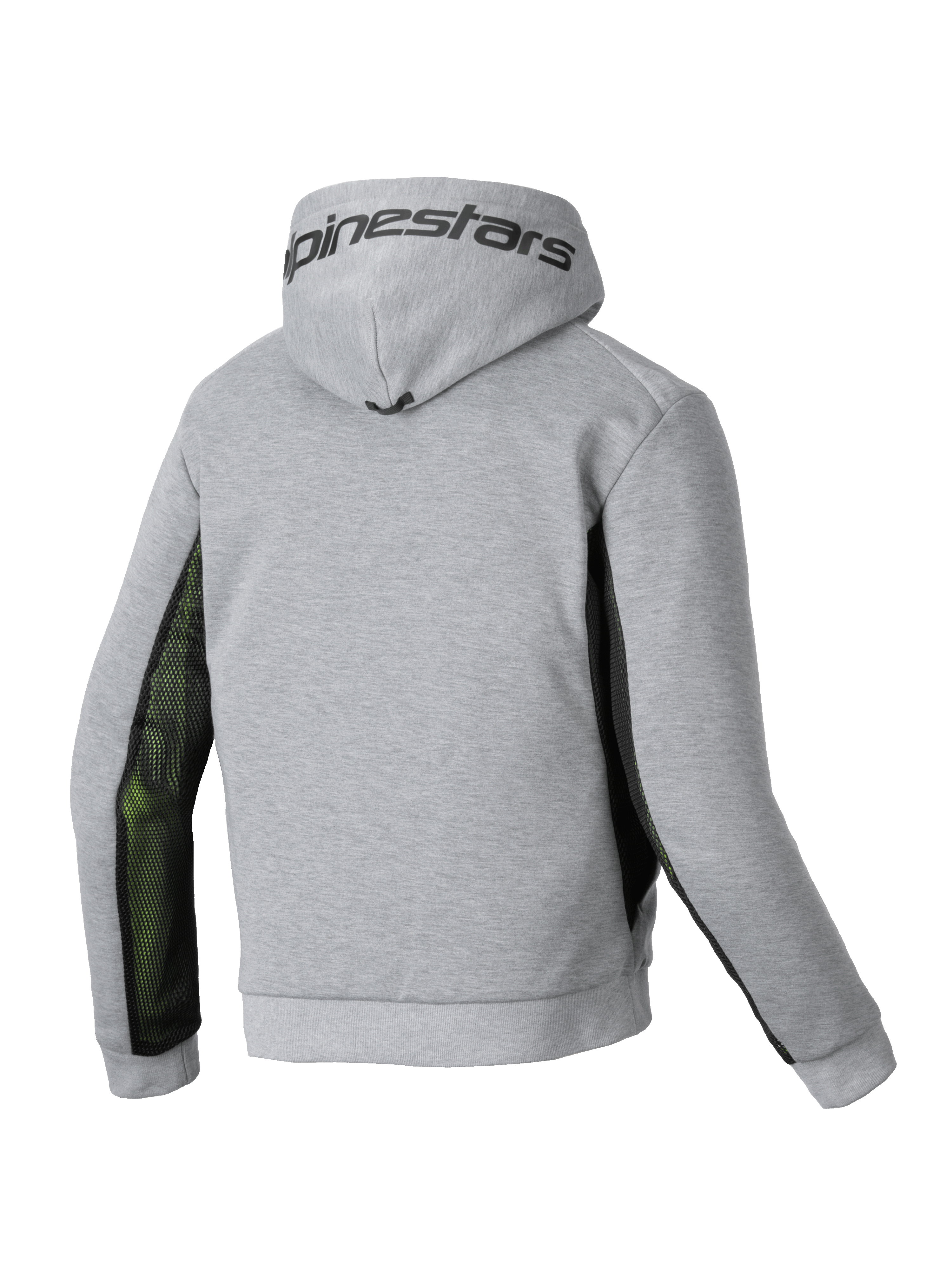 Alpinestars Sweat À Capuche Chrome Air Sport, sweat à capuche de moto pour homme, vue de dos montrant le coloris gris et noir avec panneaux latéraux en mesh et logo Alpinestars sur la capuche