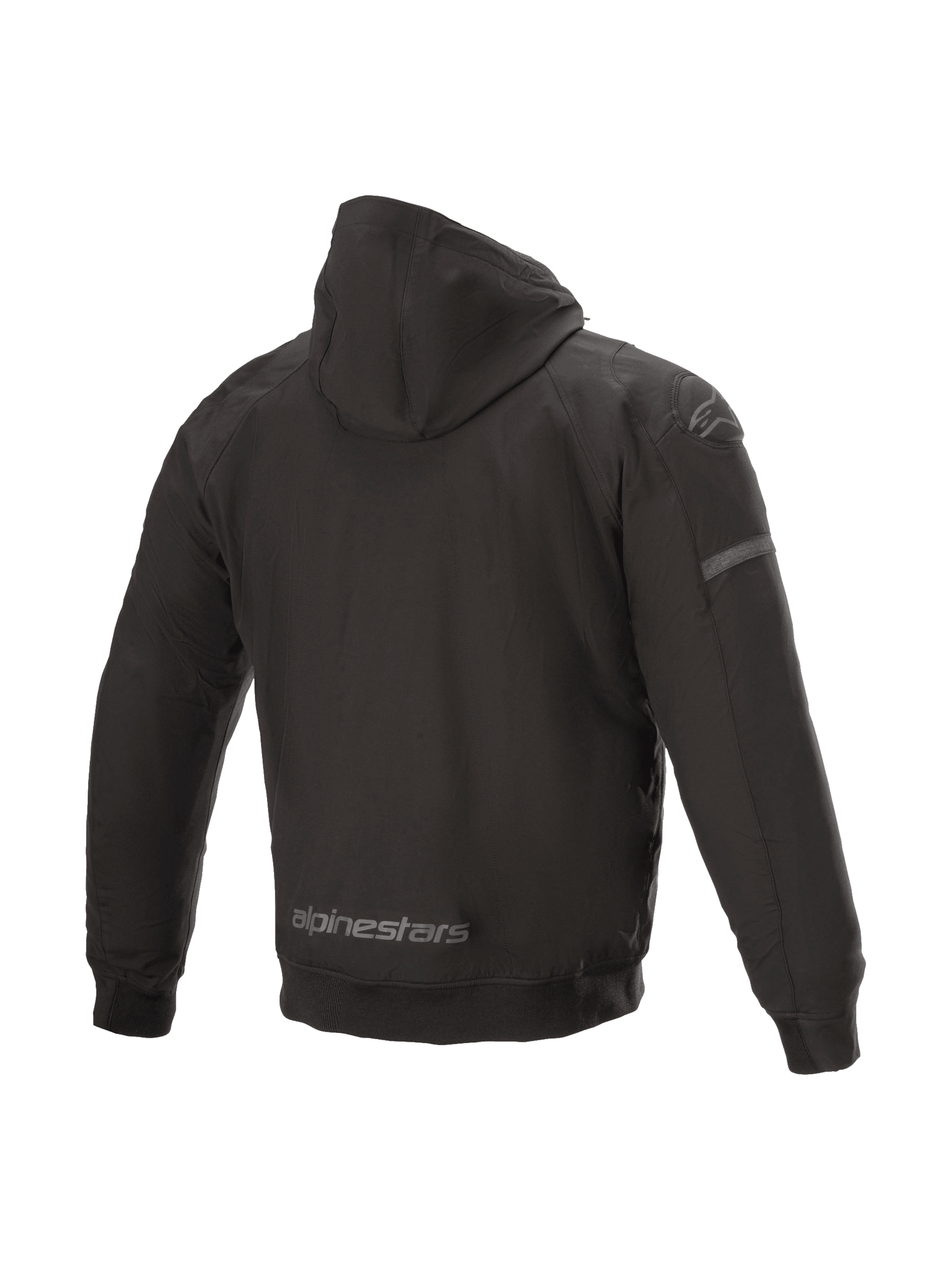 Alpinestars Sektor Tech V2 Hoodie, black urban motorcycle jacket with wind-resistant shell and 3D shoulder inserts, back view.