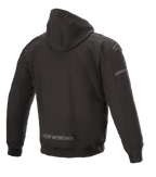 Alpinestars Sektor Tech V2 Hoodie, Black Motorcycle Jacket, back view showing wind-resistant textile shell, reflective Alpinestars branding on the lower hem, three-dimensional shoulder inserts, and technical urban design.