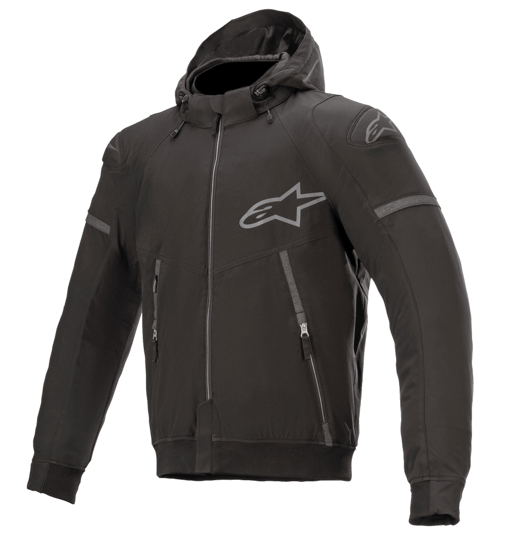 Alpinestars Sektor Tech V2 Hoodie, Black with Gray Accents, Hooded Motorcycle Jacket, Full Front Zipper, Two Zippered Pockets, Gray Alpinestars Logo on Chest and Shoulder, Urban Contemporary Design with Reflective Detailing