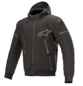 Alpinestars Sektor Tech V2 Hoodie, Black with Gray Accents, Hooded Motorcycle Jacket, Full Front Zipper, Two Zippered Pockets, Gray Alpinestars Logo on Chest and Shoulder, Urban Contemporary Design with Reflective Detailing