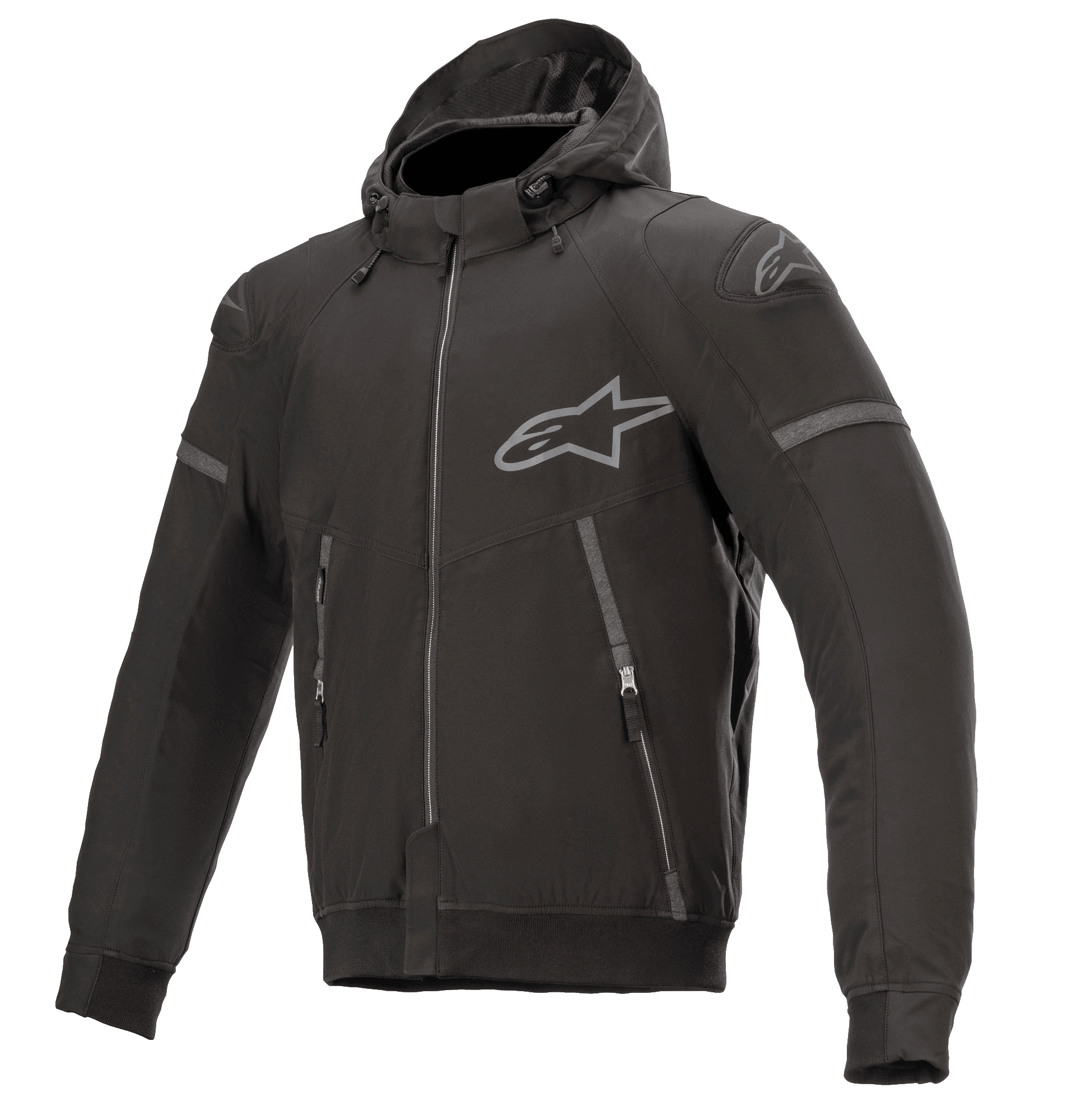 Alpinestars Sektor Tech V2 Hoodie, Black with Gray Accents, Hooded Motorcycle Jacket, Full Front Zipper, Two Zippered Pockets, Gray Alpinestars Logo on Chest and Shoulder, Urban Contemporary Design with Reflective Detailing