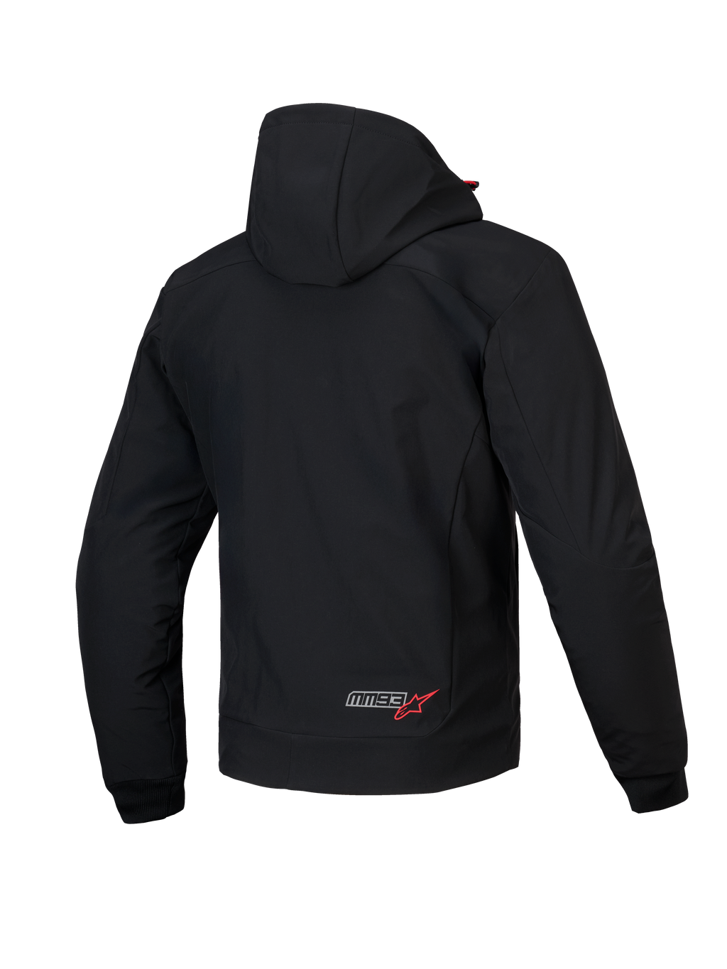 Alpinestars Sweat à Capuche Tech MM93 Radium, veste de moto urbaine pour homme, vue de dos, noir et rouge vif, coque technique 3L coupe-vent certifiée CE avec capuche amovible