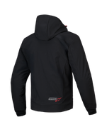 Alpinestars Sweat à Capuche Tech MM93 Radium, veste de moto urbaine pour homme, vue de dos, noir et rouge vif, coque technique 3L coupe-vent certifiée CE avec capuche amovible