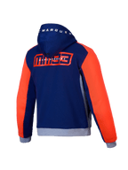 Alpinestars Sweat À Capuche Sport MM93 Chrome V2, sweat à capuche de moto pour homme, vue de dos montrant les couleurs bleu, marine, gris et rouge fluo, avec graphismes Marc Marquez et certification CE