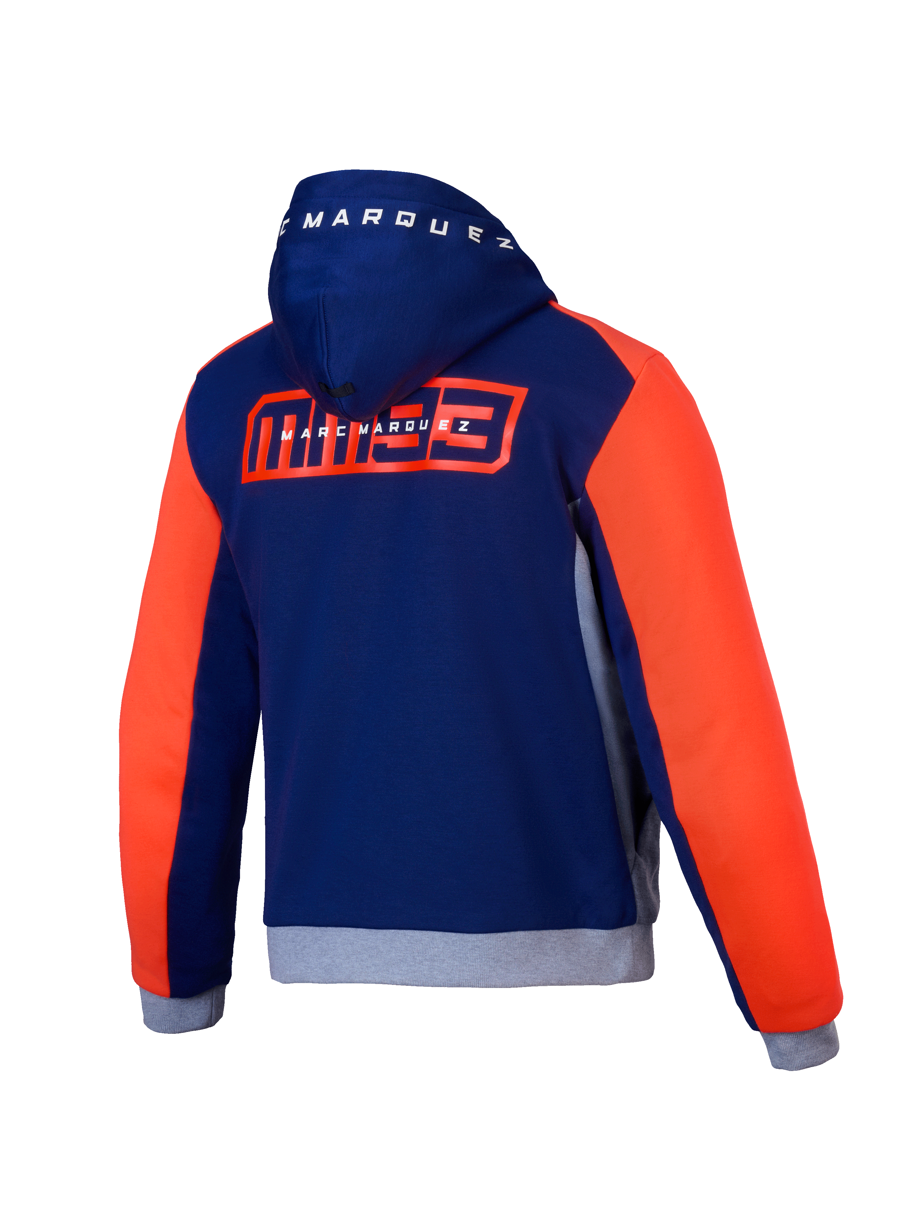 Alpinestars Sweat À Capuche Sport MM93 Chrome V2, sweat à capuche de moto pour homme, vue de dos montrant les couleurs bleu, marine, gris et rouge fluo, avec graphismes Marc Marquez et certification CE