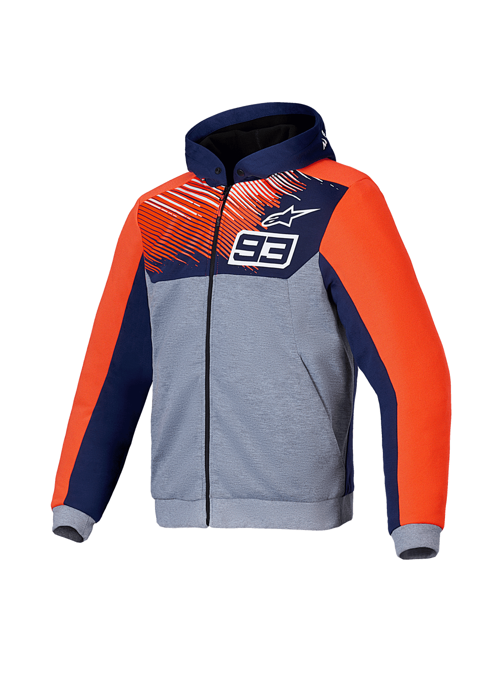 Alpinestars Sweat À Capuche Sport MM93 Chrome V2, veste de moto urbaine, bleue, grise et orange fluo, avec renforts en aramide et protections Nucleon Flex Plus, certifiée CE Classe A