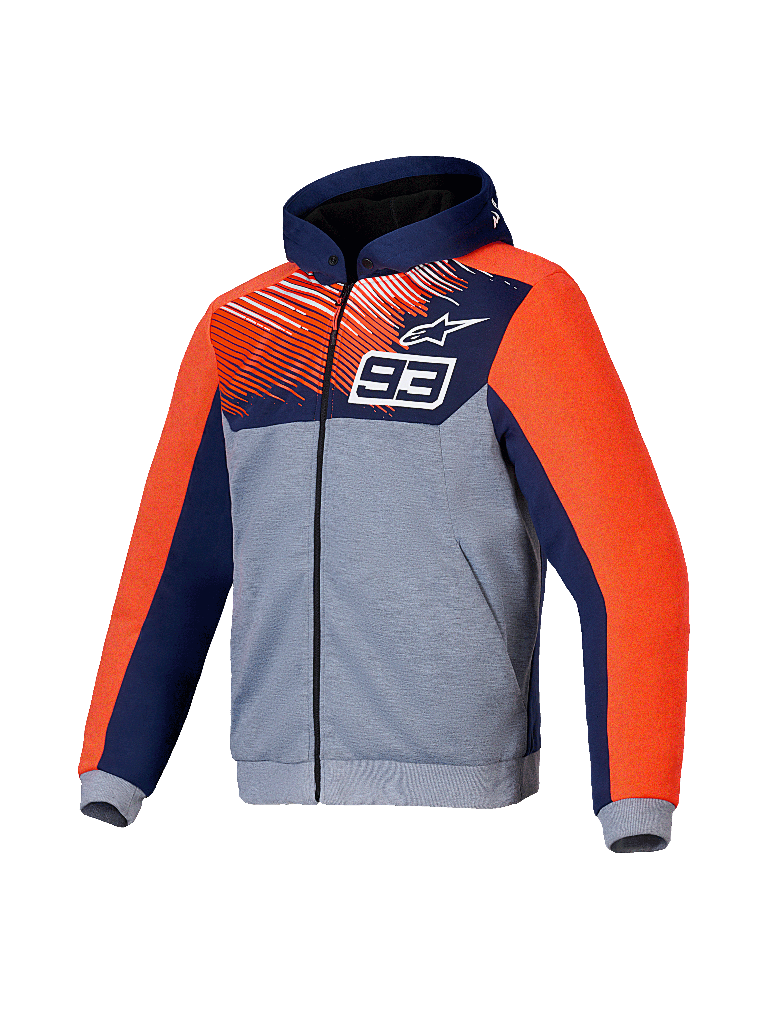 Alpinestars Sweat À Capuche Sport MM93 Chrome V2, veste de moto urbaine, bleue, grise et orange fluo, avec renforts en aramide et protections Nucleon Flex Plus, certifiée CE Classe A