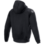 Sweat à capuche Alpinestars Chrome Ignition, vue de dos, sweat à capuche de moto en textile noir, logo Alpinestars blanc sur l'épaule droite, équipement de protection urbain décontracté avec panneaux renforcés au dos et aux coudes