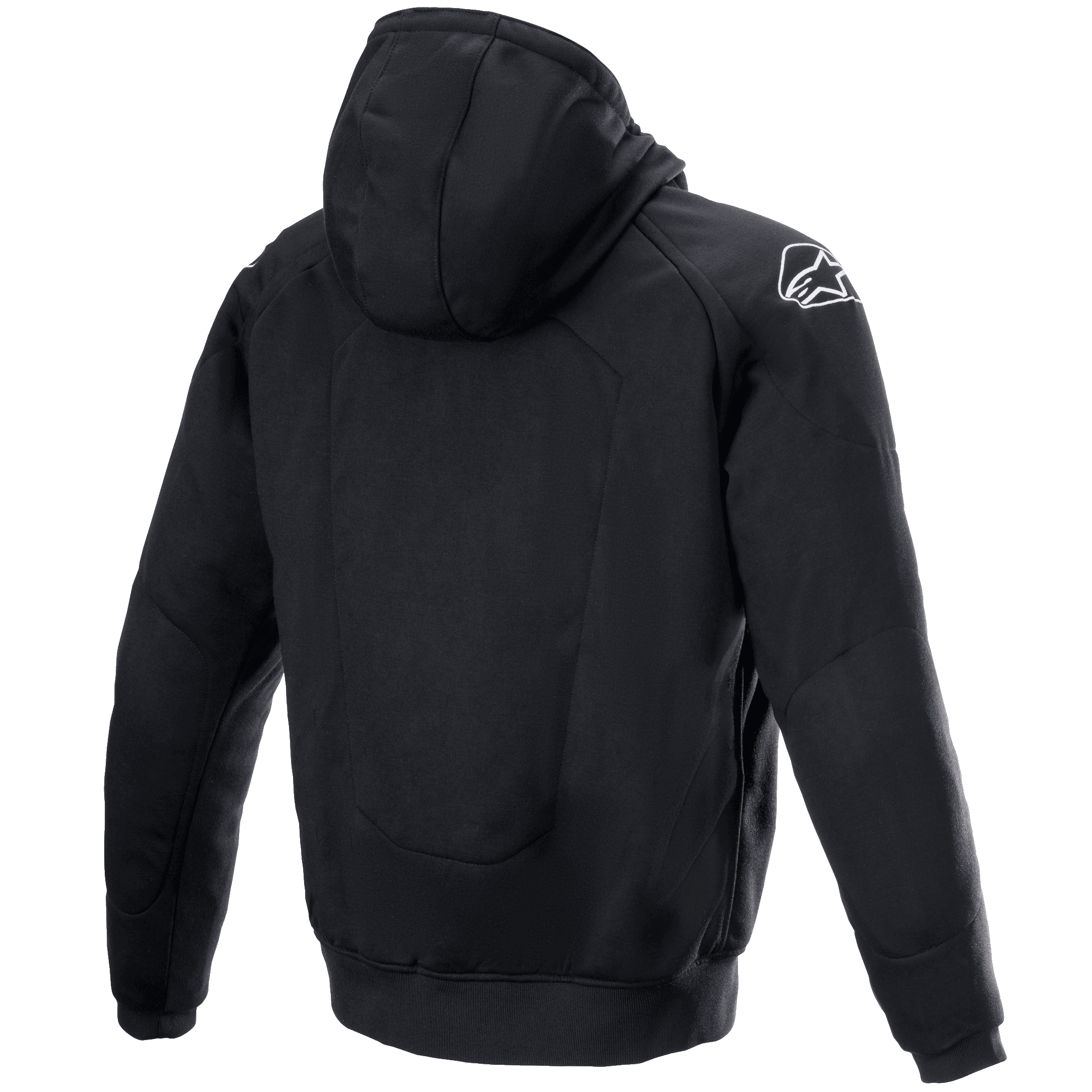 Sweat à capuche Alpinestars Chrome Ignition, vue de dos, sweat à capuche de moto en textile noir, logo Alpinestars blanc sur l'épaule droite, équipement de protection urbain décontracté avec panneaux renforcés au dos et aux coudes