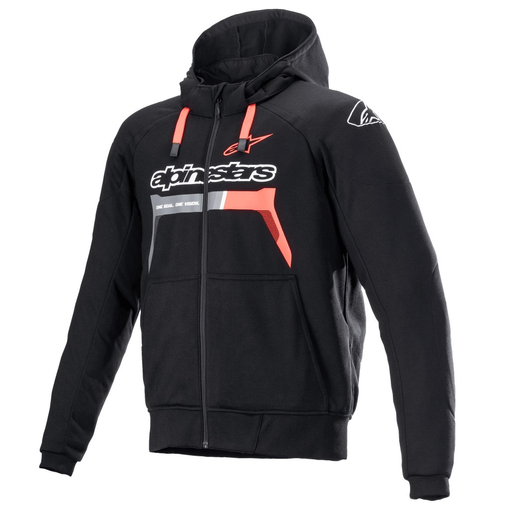 Alpinestars Chrome Ignition Hoodie, noir et rouge fluo, sweat à capuche de moto protecteur à fermeture éclair avec marquage blanc sur la poitrine, cordons de serrage rouges et poignets côtelés, équipement de conduite urbaine