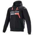 Alpinestars Chrome Ignition Hoodie, noir et rouge fluo, sweat à capuche de moto protecteur à fermeture éclair avec marquage blanc sur la poitrine, cordons de serrage rouges et poignets côtelés, équipement de conduite urbaine