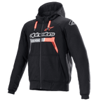 Alpinestars Chrome Ignition Hoodie, noir et rouge fluo, sweat à capuche de moto protecteur à fermeture éclair avec marquage blanc sur la poitrine, cordons de serrage rouges et poignets côtelés, équipement de conduite urbaine