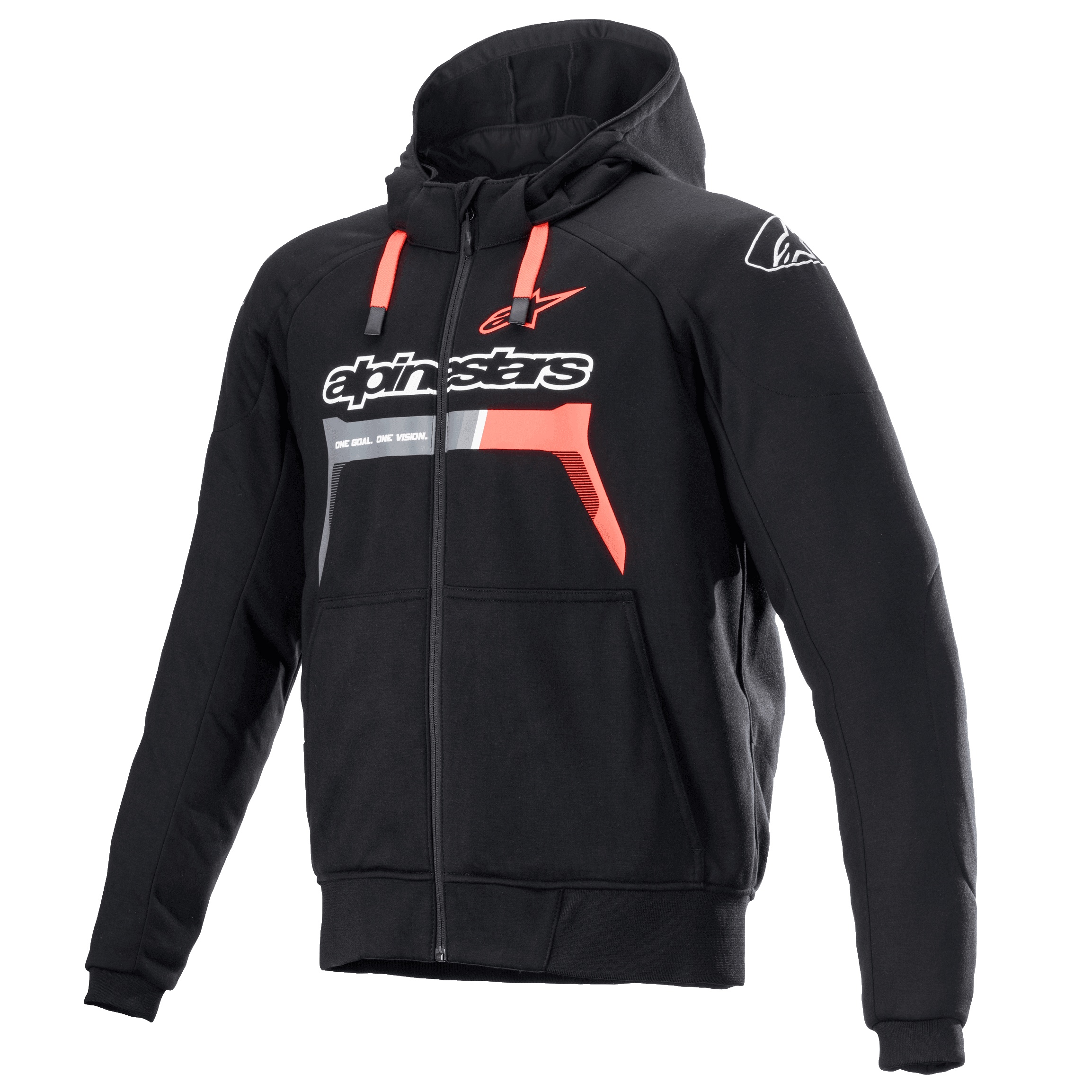 Alpinestars Chrome Ignition Hoodie, noir et rouge fluo, sweat à capuche de moto protecteur à fermeture éclair avec marquage blanc sur la poitrine, cordons de serrage rouges et poignets côtelés, équipement de conduite urbaine