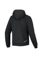 Alpinestars Honda Chrome V3 Sport Hoodie, noir, vue arrière du sweat à capuche de moto, construction en polaire technique, doté d'une capuche avec bouton-pression, poignets et ourlet côtelés, petit logo Alpinestars blanc en bas du dos